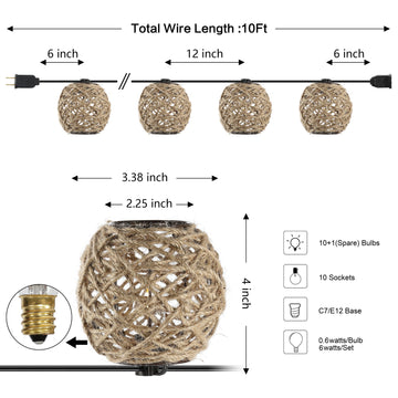 Oahu 10-Light Indoor/Outdoor 10 ft. Rustic Coastal Incandescent C7 Globe Hemp Rope Shaded String Lights - JONATHAN Y
